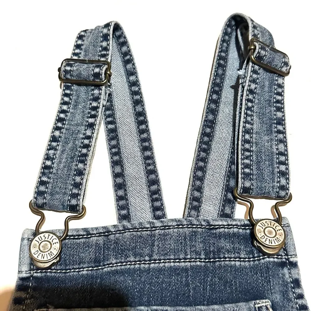 Justice Girls Denim Overalls Size 8 Adjustable Strap Stretch Blue Jean Jumpsuit